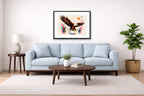 Geometric Painting of an Eagle Landing printed on fine art paper, framed on a black frame and matted and hung on a Living Room wall above a couch