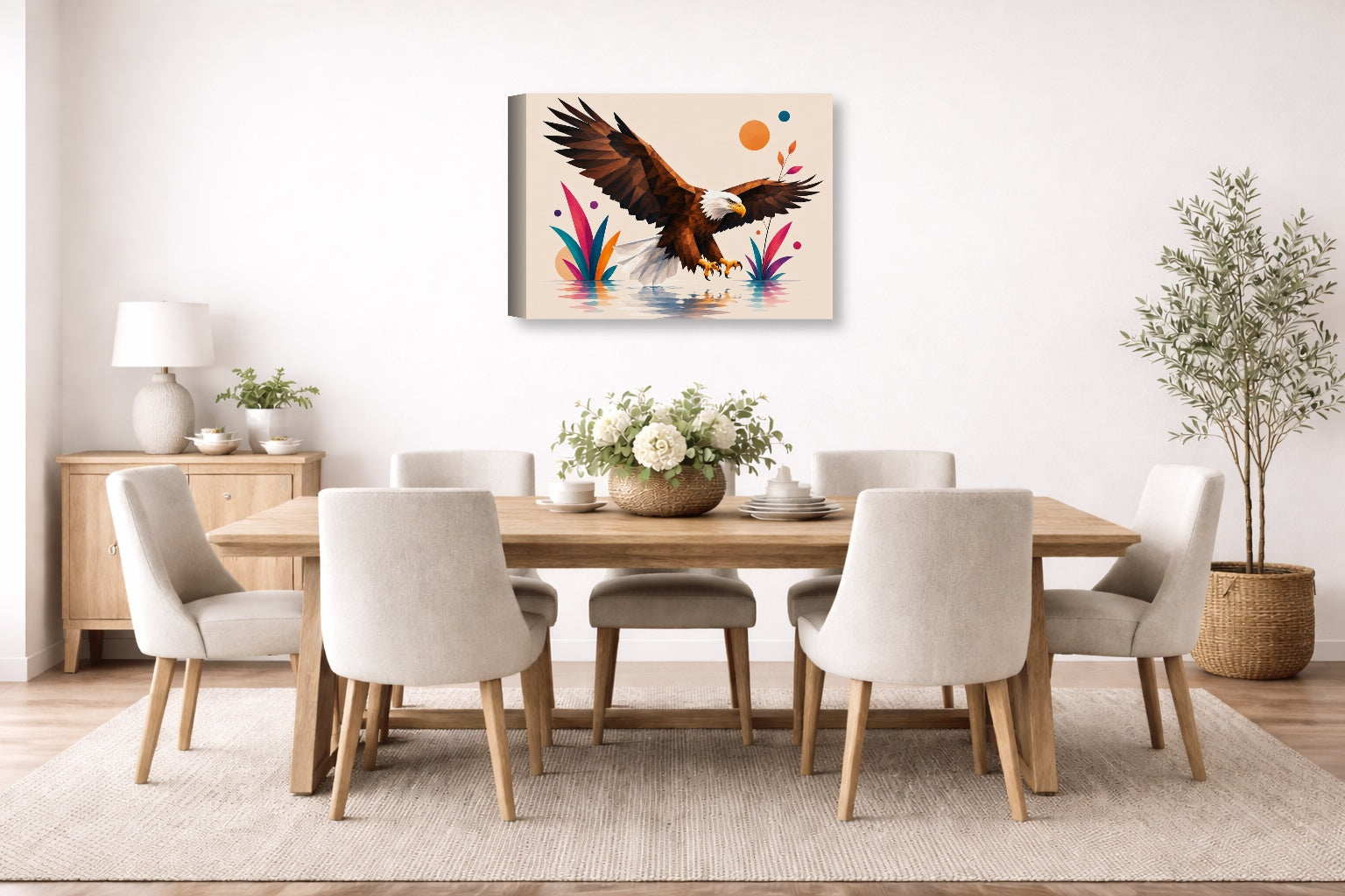 Geometric Painting of an Eagle Landing printed on canvas wall art displayed on a wall in the dinning room