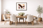 Geometric Painting of an Eagle Landing printed on fine art paper, framed on a espresso frame and matted. Hung on a dinning room wall