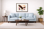 Geometric Painting of an Eagle Landing printed on fine art paper, framed on a espresso frame and matted. Hung on a living room wall