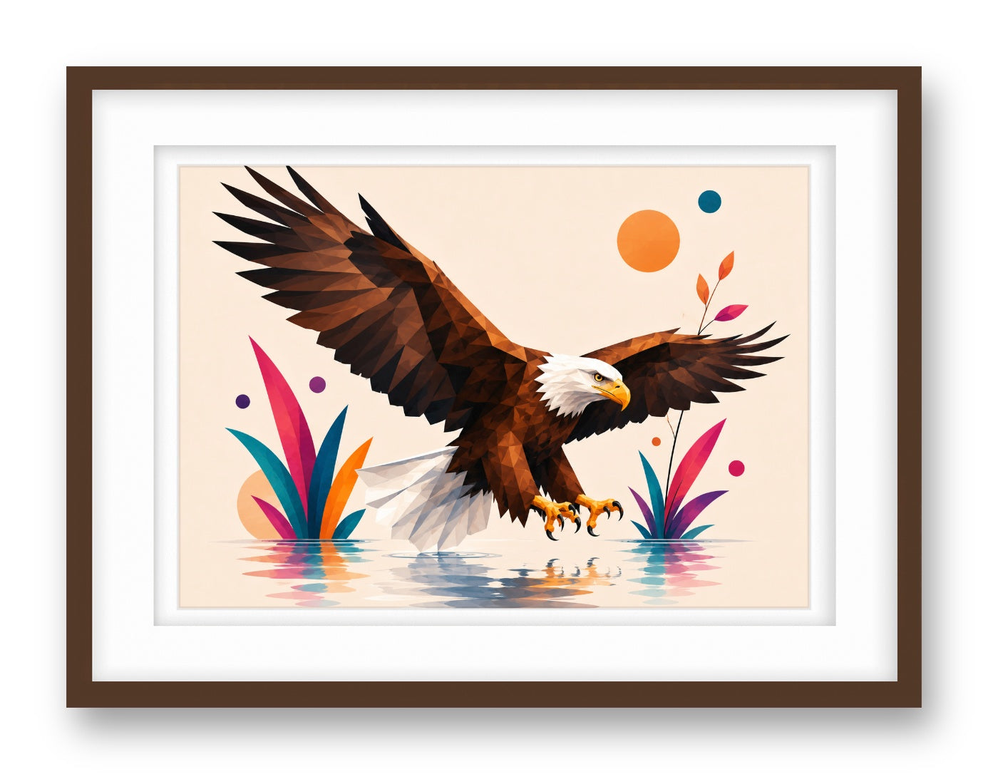 Geometric Painting of an Eagle Landing printed on fine art paper, framed on a espresso frame and matted.
