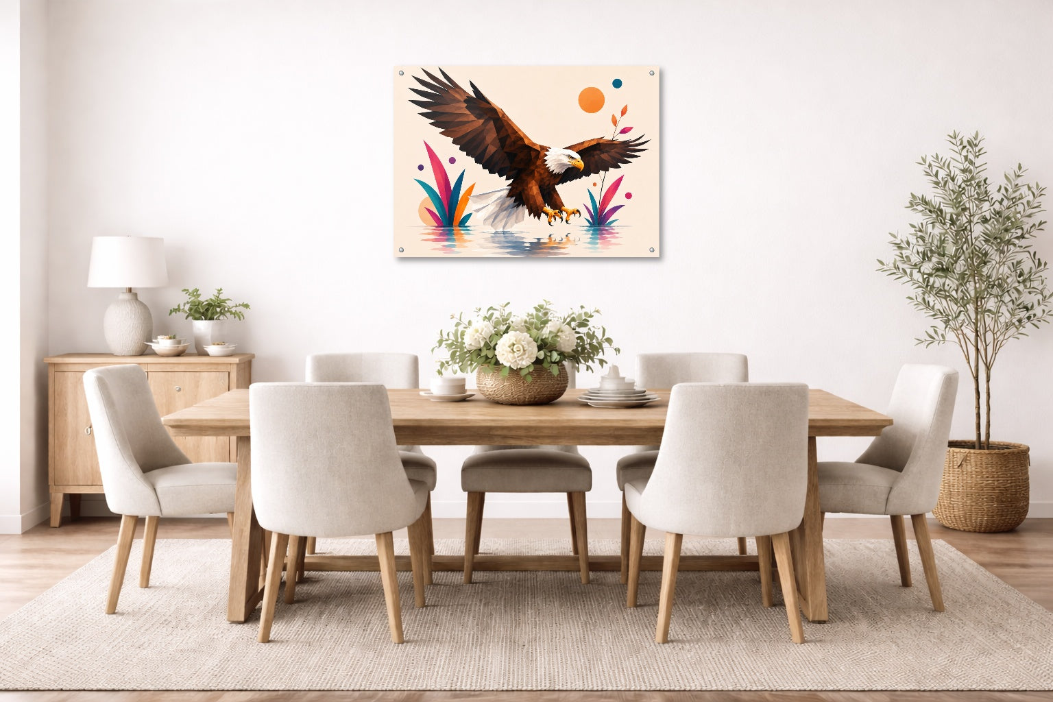 Geometric Painting of an Eagle Landing printed on aluminum metal with wall anchors. Hung on a dining room wall.