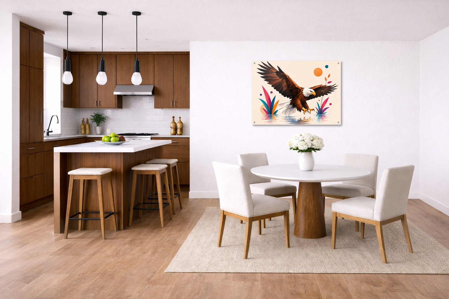 Geometric Painting of an Eagle Landing printed on aluminum metal with wall anchors. Hung on a kitchen-dinette wall.
