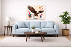 Geometric Painting of an Eagle Landing printed on aluminum metal with wall anchors. Hung on a living room wall.