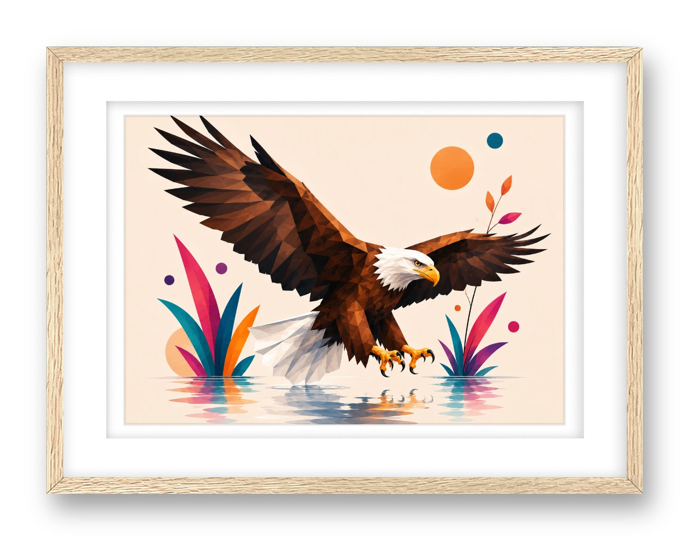 Geometric Painting of an Eagle Landing printed on fine art paper, framed on a oak frame and matted.