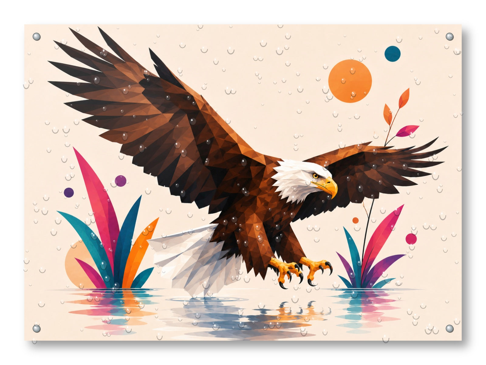 Geometric Painting of an Eagle Landing printed on water resistant canvas and mounted on a waterproof frame.