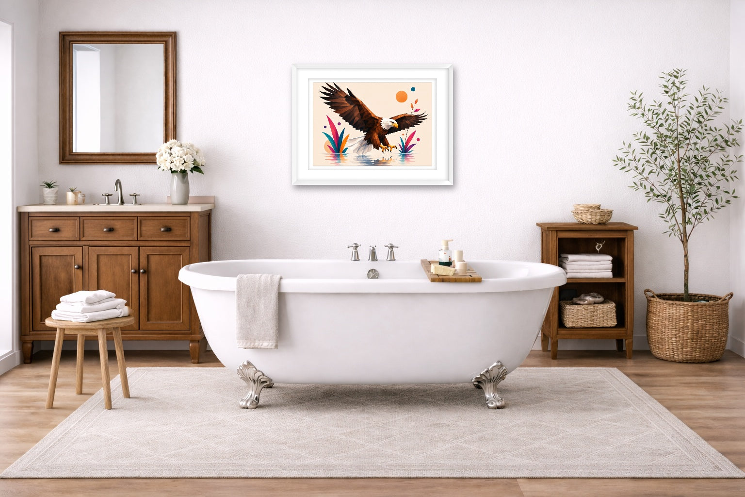 Geometric Painting of an Eagle Landing printed on fine art paper, framed on a white frame and matted. Hung on a bathroom wall