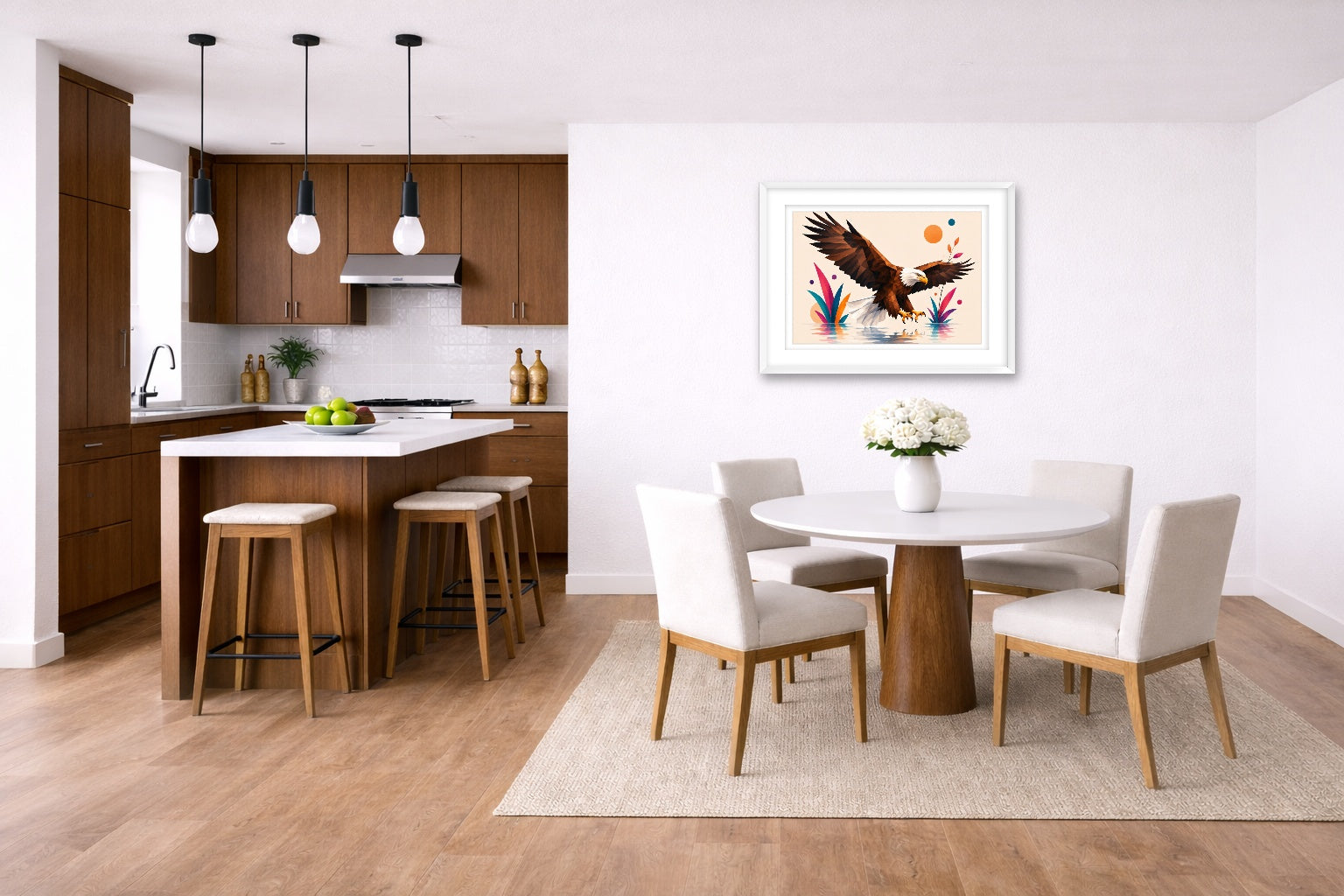 Geometric Painting of an Eagle Landing printed on fine art paper, framed on a white frame and matted. Hung on a kitchen-dinette wall.