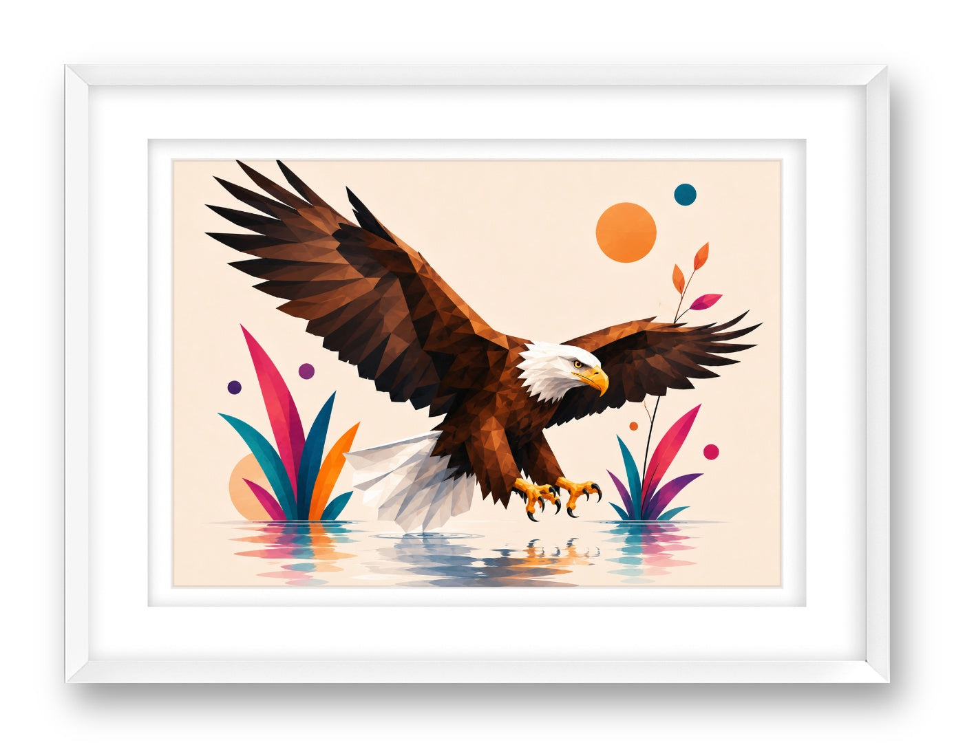 Geometric Painting of an Eagle Landing printed on fine art paper, framed on a white frame and matted.