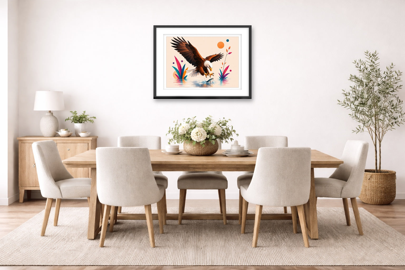 Geometric Painting of an Eagle Catching a Fish printed on fine art paper, framed on a black frame and matted and hung on a dining room wall.
