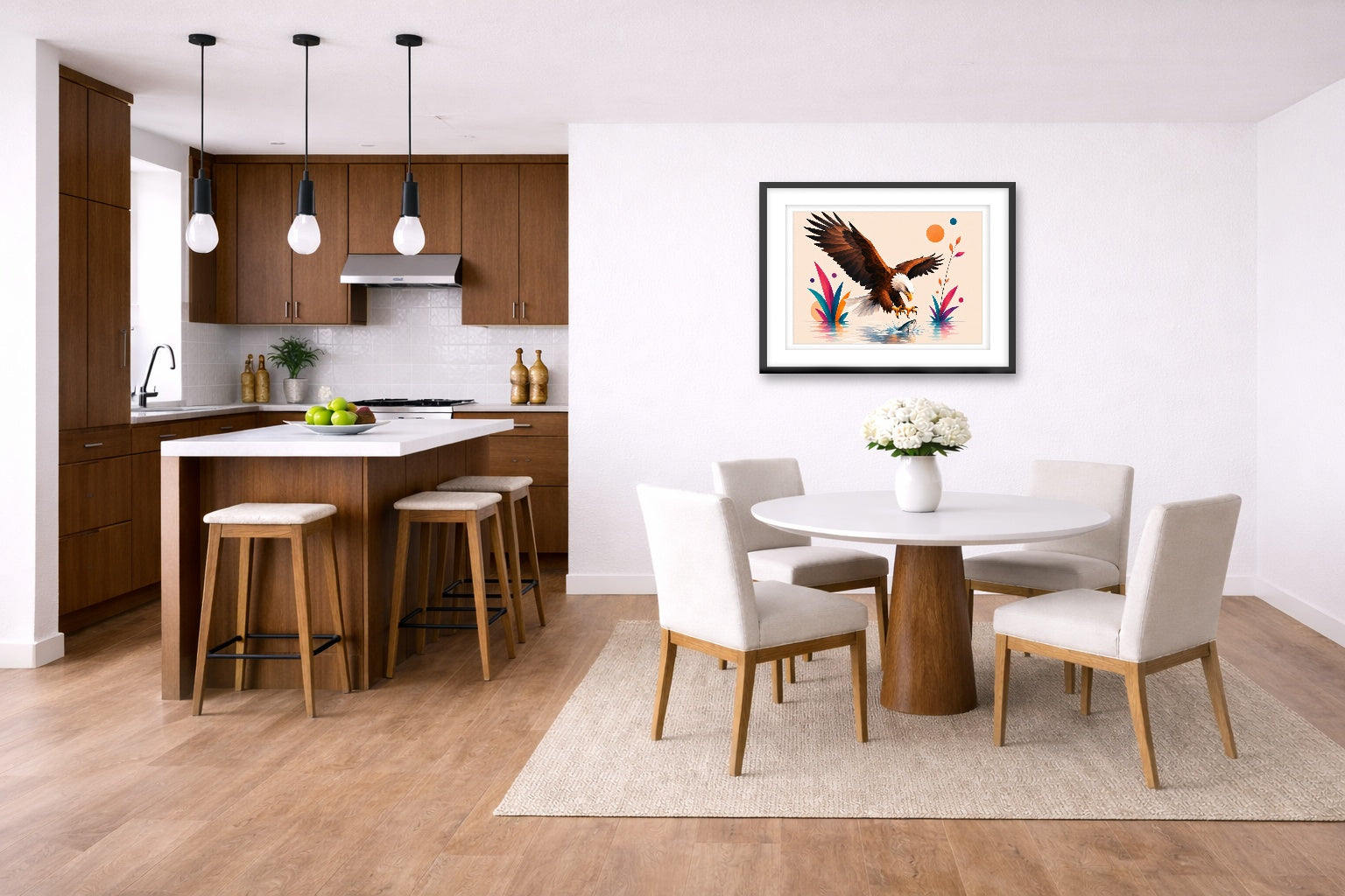 Geometric Painting of an Eagle Catching a Fish printed on fine art paper, framed on a black frame and matted and hung on a wall on a dinette wall.