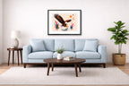 Geometric Painting of an Eagle Catching a Fish printed on fine art paper, framed on a black frame and matted and hung on a Living Room wall above a couch