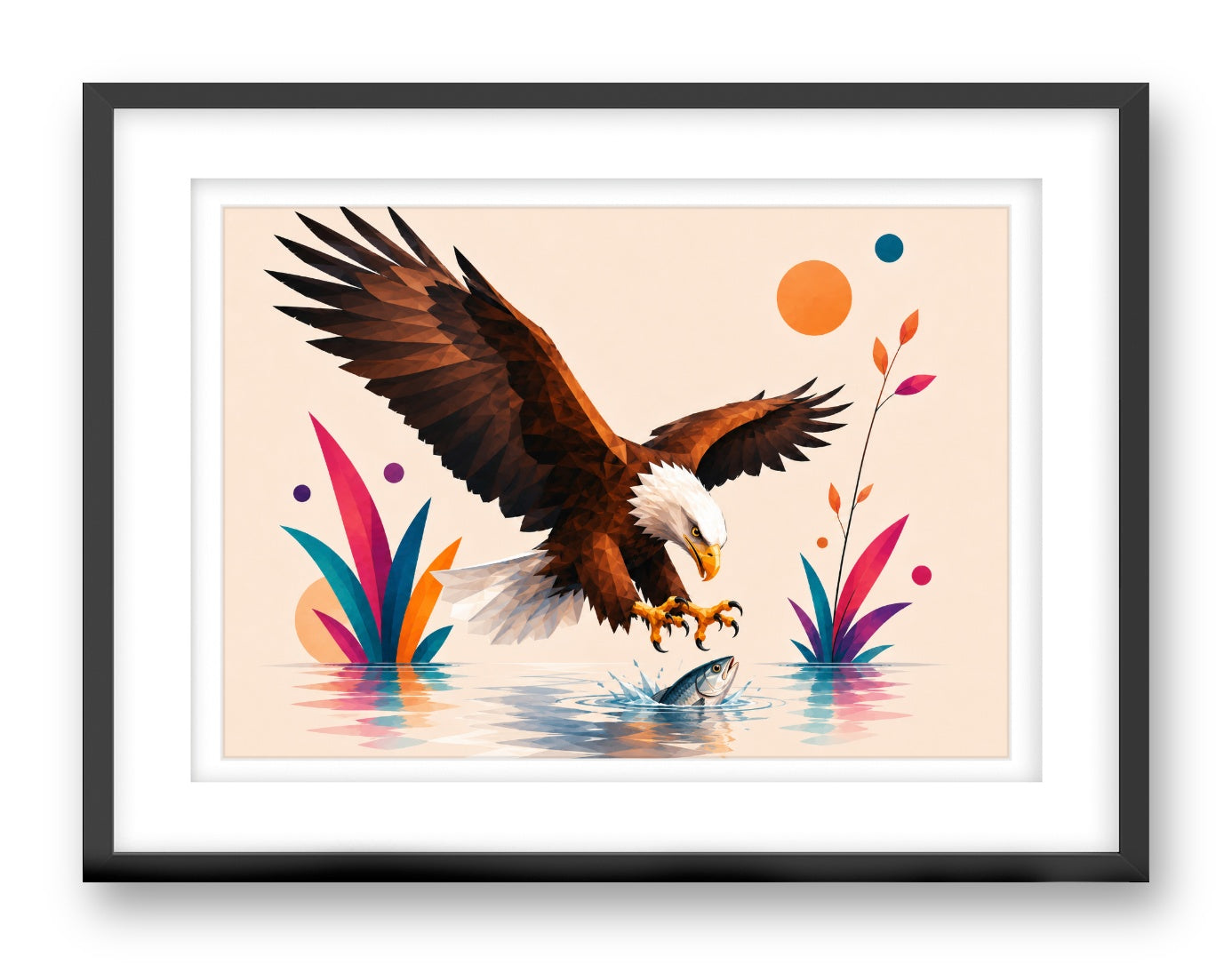 Geometric Painting of an Eagle Catching a Fish printed on fine art paper, framed on a black frame and matted.