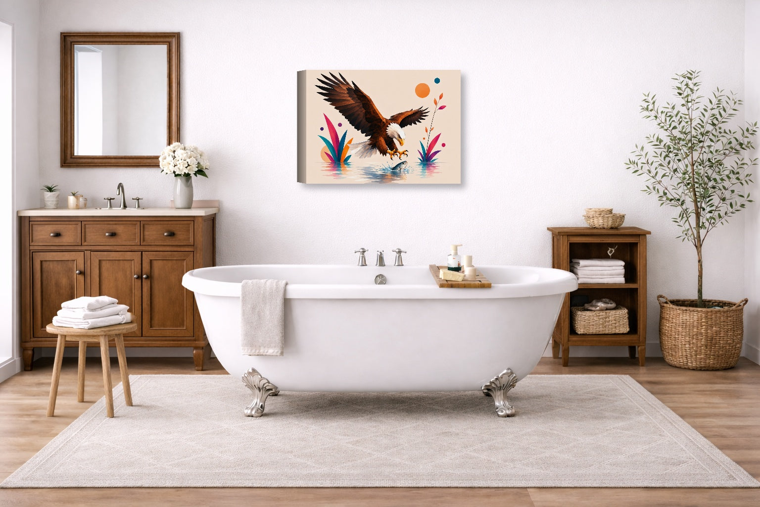 Geometric Painting of an Eagle Catching a Fish printed on canvas wall art displayed on a bathroom wall .