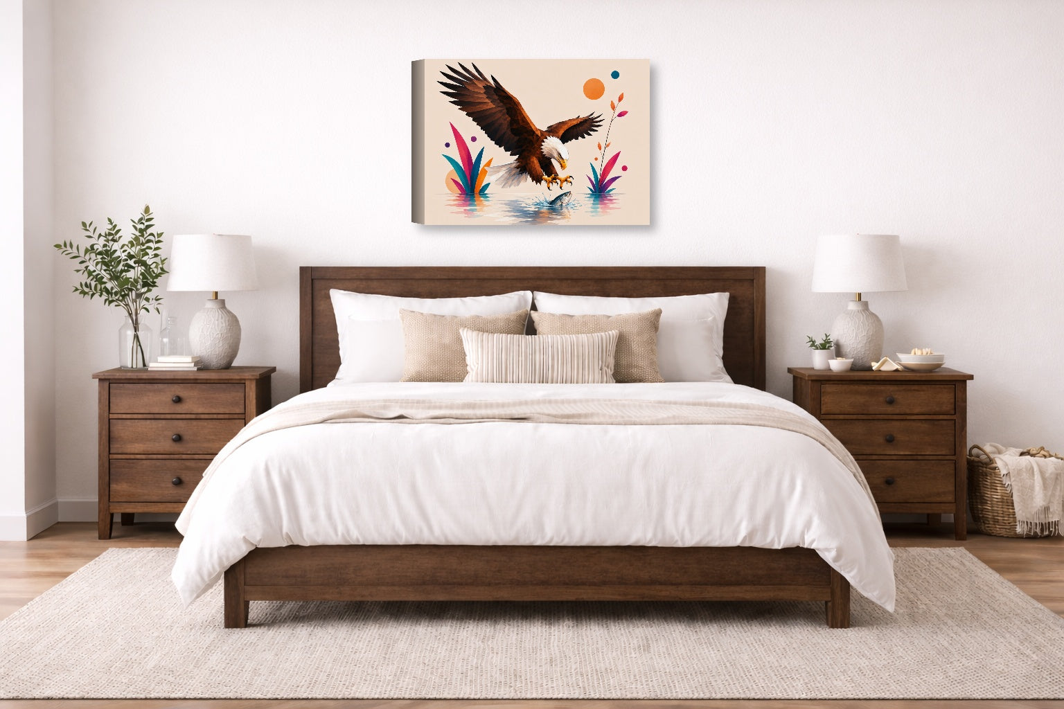 Geometric Painting of an Eagle Catching a Fish printed on canvas wall art displayed on a wall above a bed.
