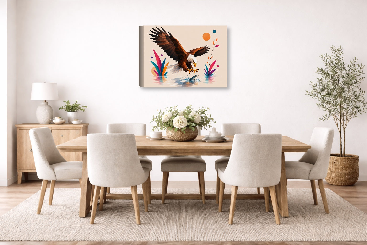 Geometric Painting of an Eagle Catching a Fish printed on canvas wall art displayed on a wall in the dinning room