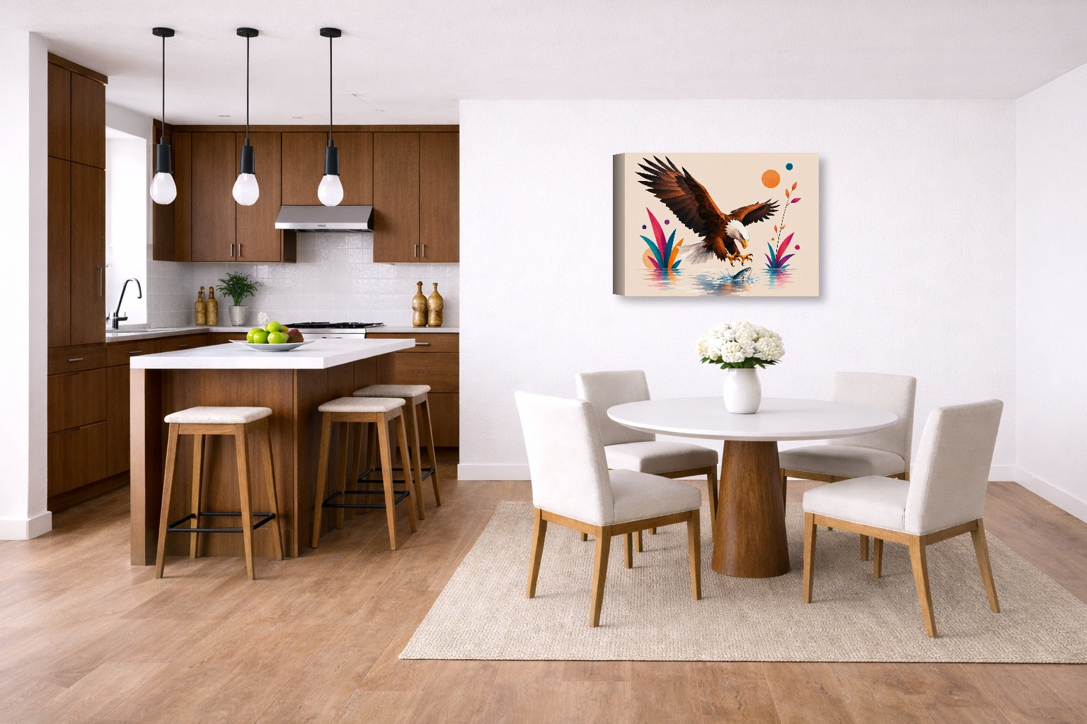 Geometric Painting of an Eagle Catching a Fish printed on canvas wall art displayed on a wall in a dinette.