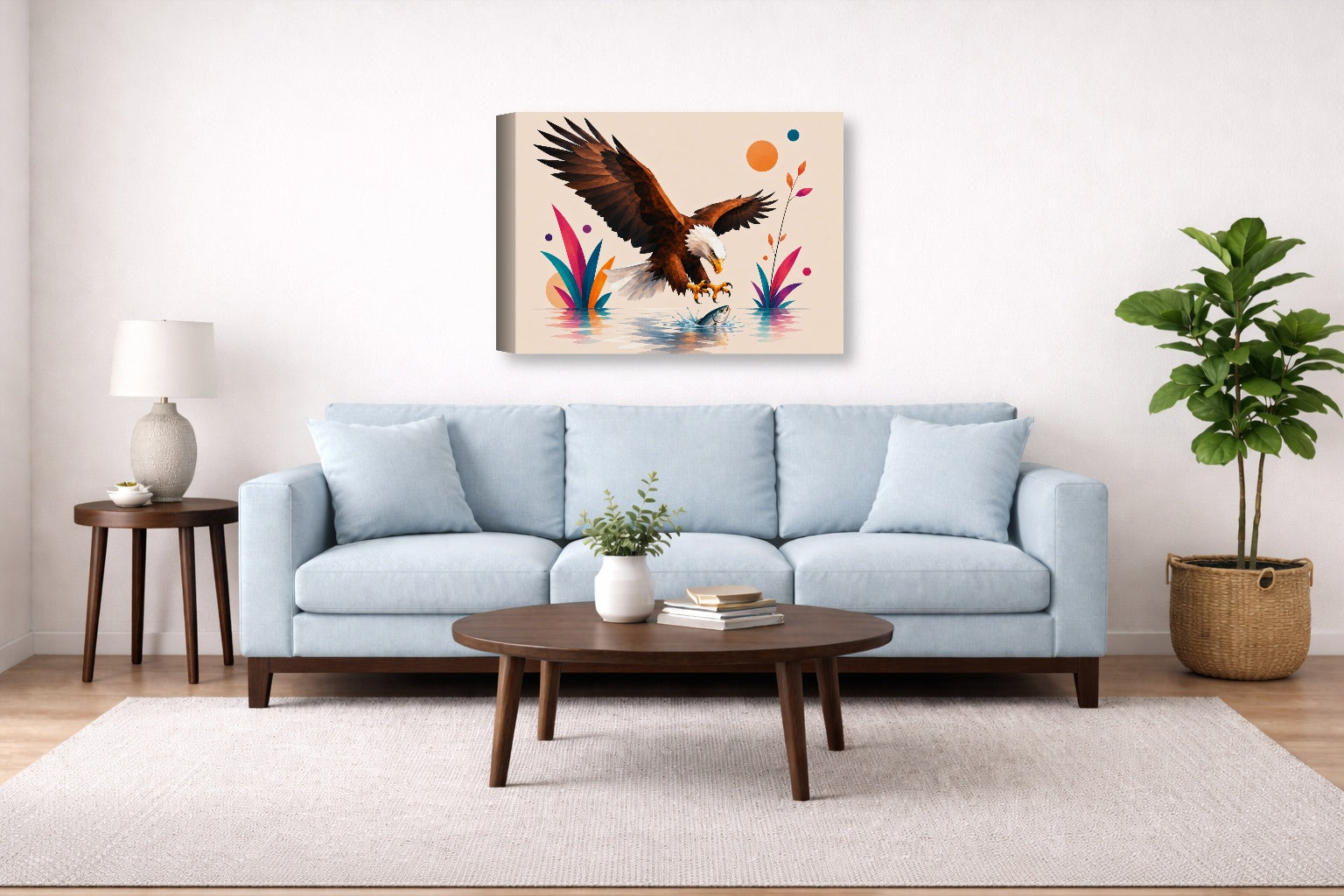 Geometric Painting of an Eagle Catching a Fish printed on canvas wall art displayed above a couch in a living room