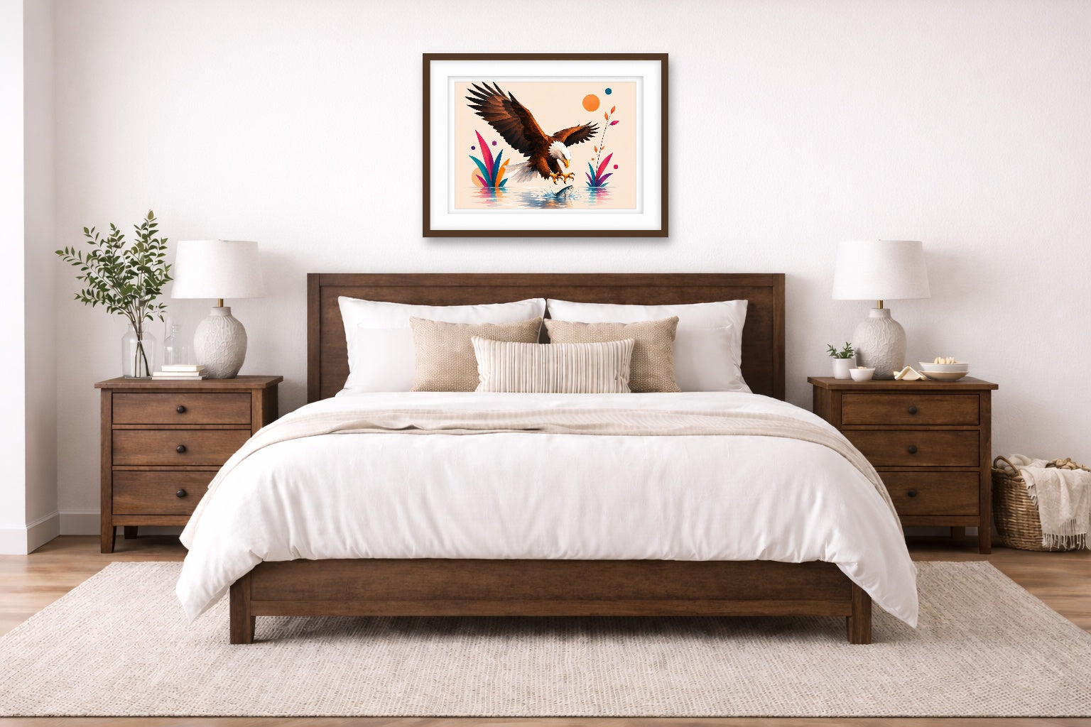 Geometric Painting of an Eagle Catching a Fish printed on fine art paper, framed on a espresso frame and matted. Hung on a living bedroom wall.