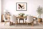 Geometric Painting of an Eagle Catching a Fish printed on fine art paper, framed on a espresso frame and matted. Hung on a dinning room wall