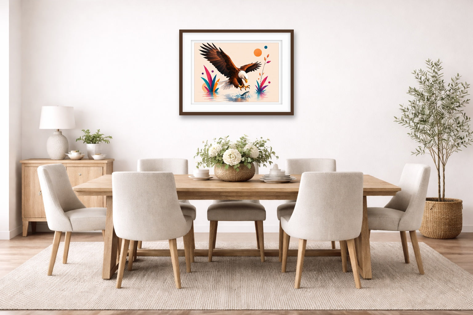 Geometric Painting of an Eagle Catching a Fish printed on fine art paper, framed on a espresso frame and matted. Hung on a dinning room wall