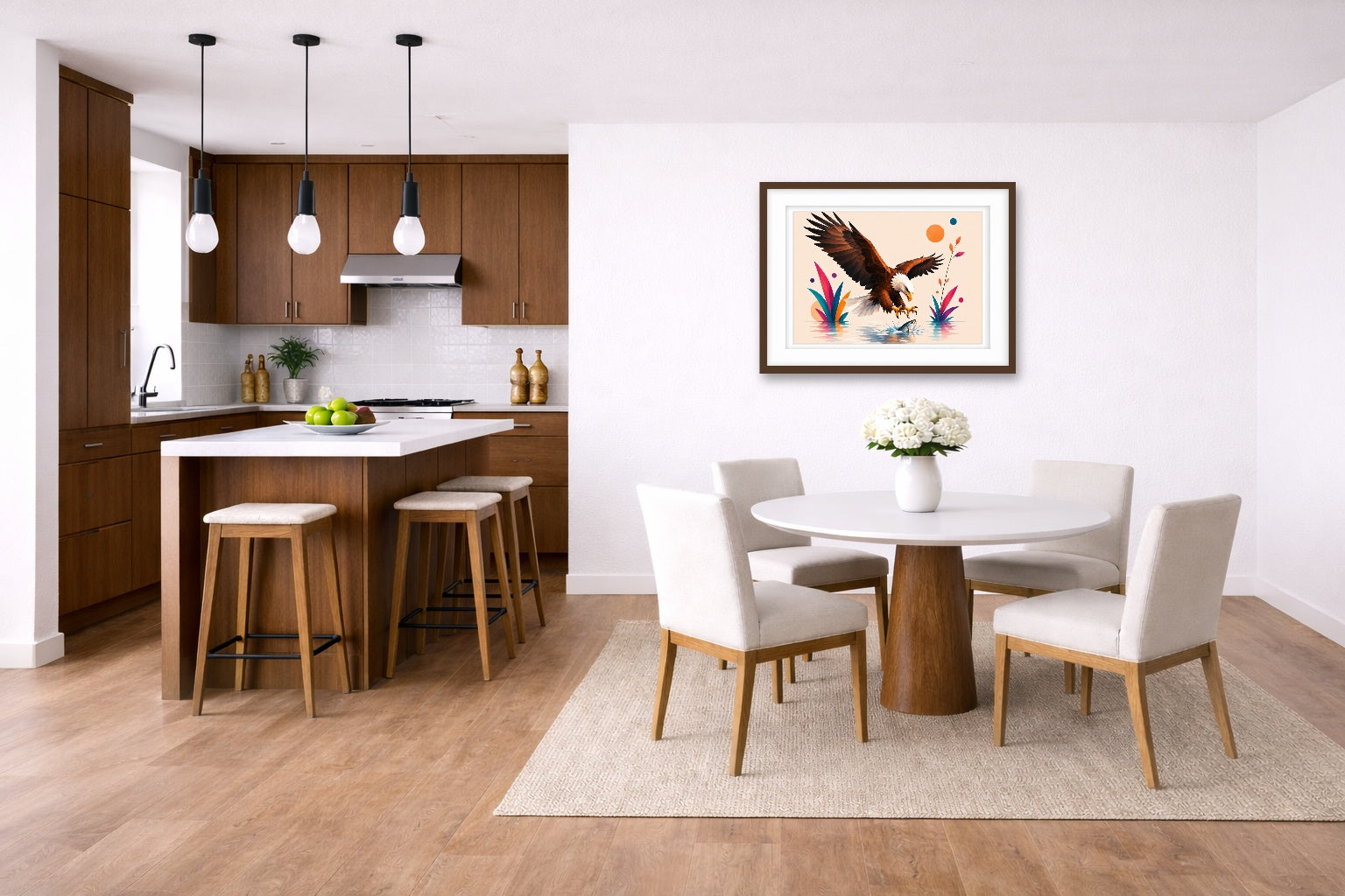 Geometric Painting of an Eagle Catching a Fish printed on fine art paper, framed on a espresso frame and matted. Hung on a living kitchen-dinette wall.