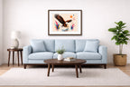 Geometric Painting of an Eagle Catching a Fish printed on fine art paper, framed on a espresso frame and matted. Hung on a living room wall