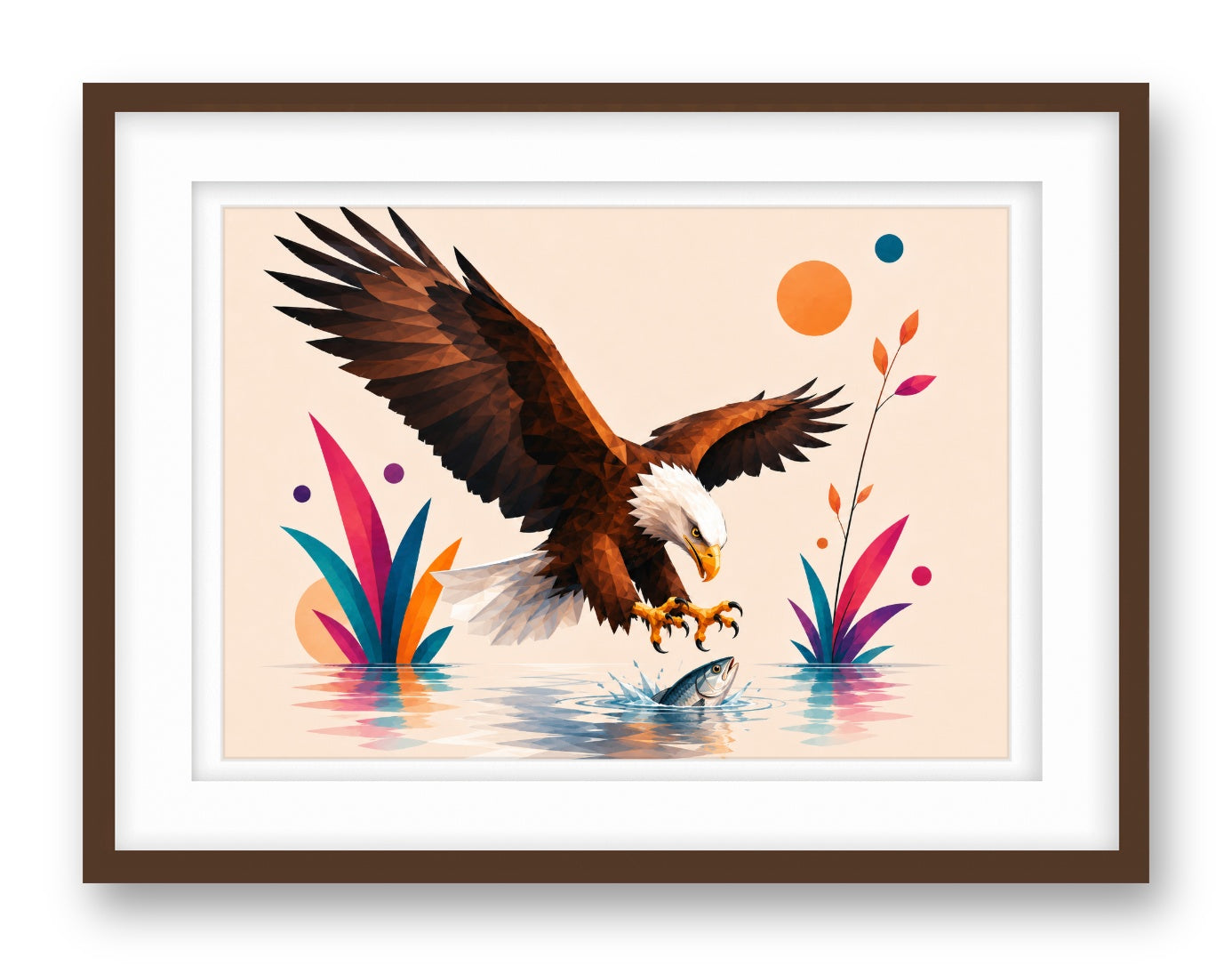 Geometric Painting of an Eagle Catching a Fish printed on fine art paper, framed on a espresso frame and matted.