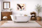 Geometric Painting of an Eagle Catching a Fish printed on aluminum metal with wall anchors. Hung on a bathroom wall.
