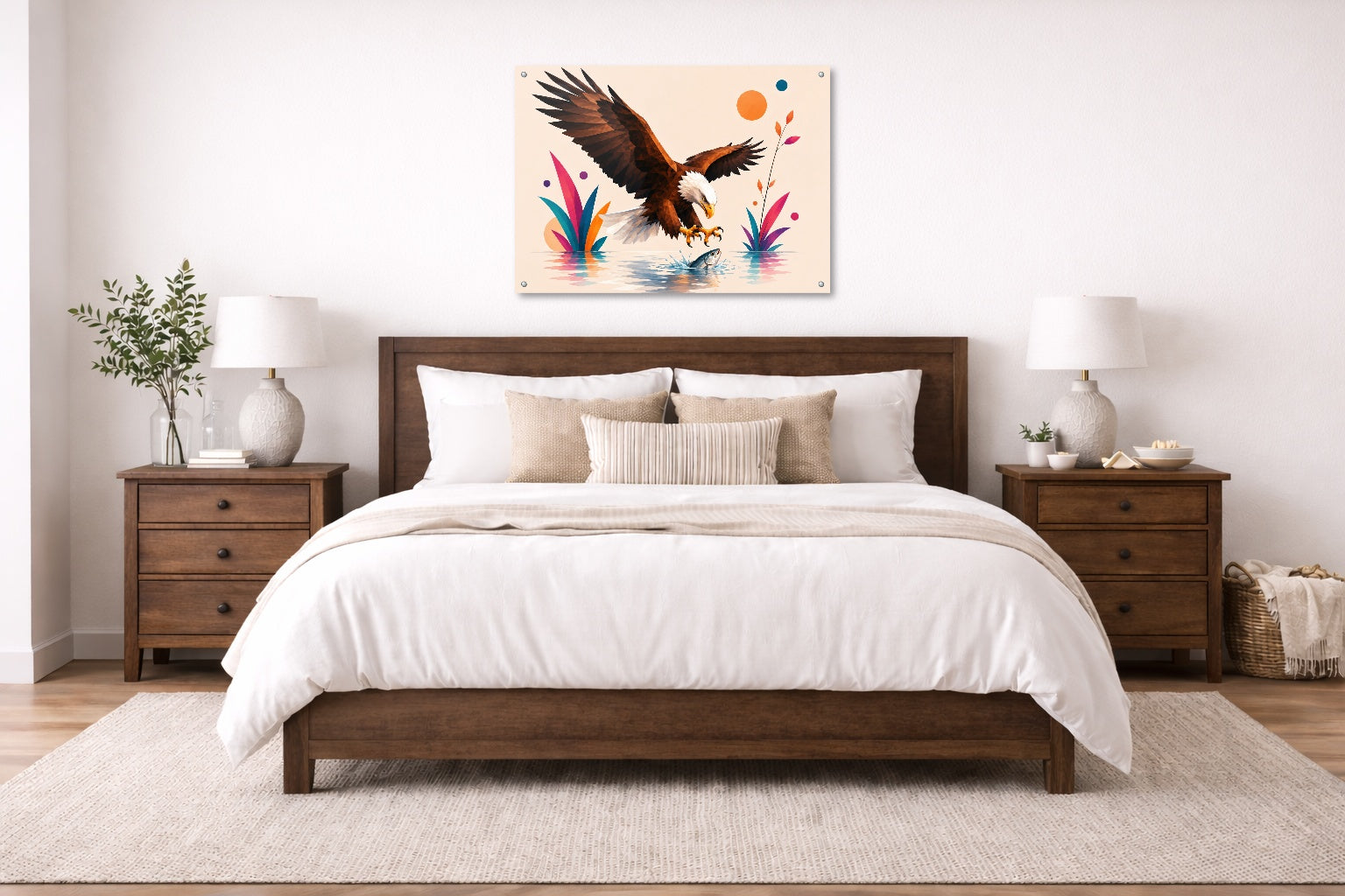 Geometric Painting of an Eagle Catching a Fish printed on aluminum metal with wall anchors. Hung on a bedroom wall.