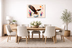 Geometric Painting of an Eagle Catching a Fish printed on aluminum metal with wall anchors. Hung on a dining room wall.