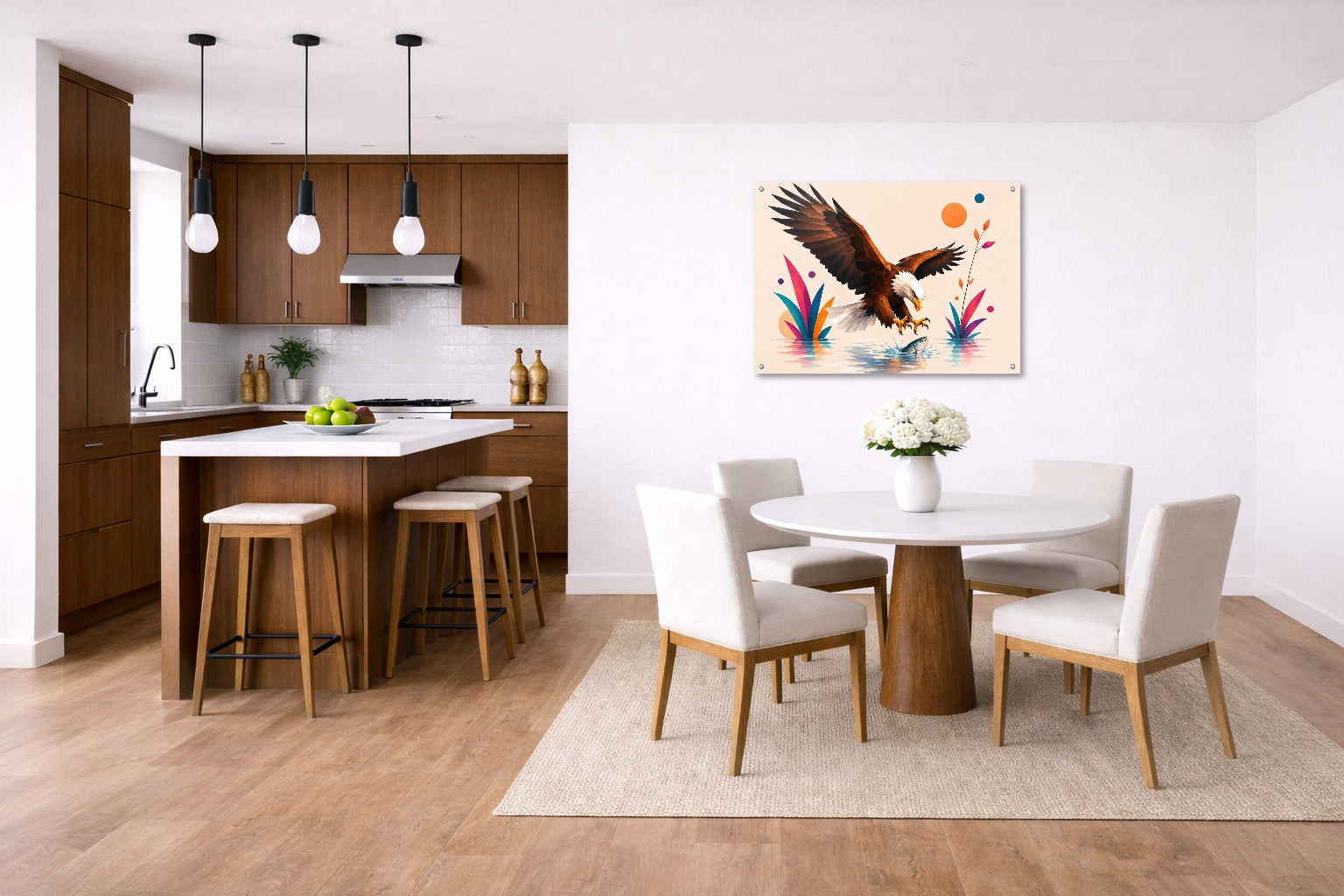 Geometric Painting of an Eagle Catching a Fish printed on aluminum metal with wall anchors. Hung on a kitchen-dinette wall.
