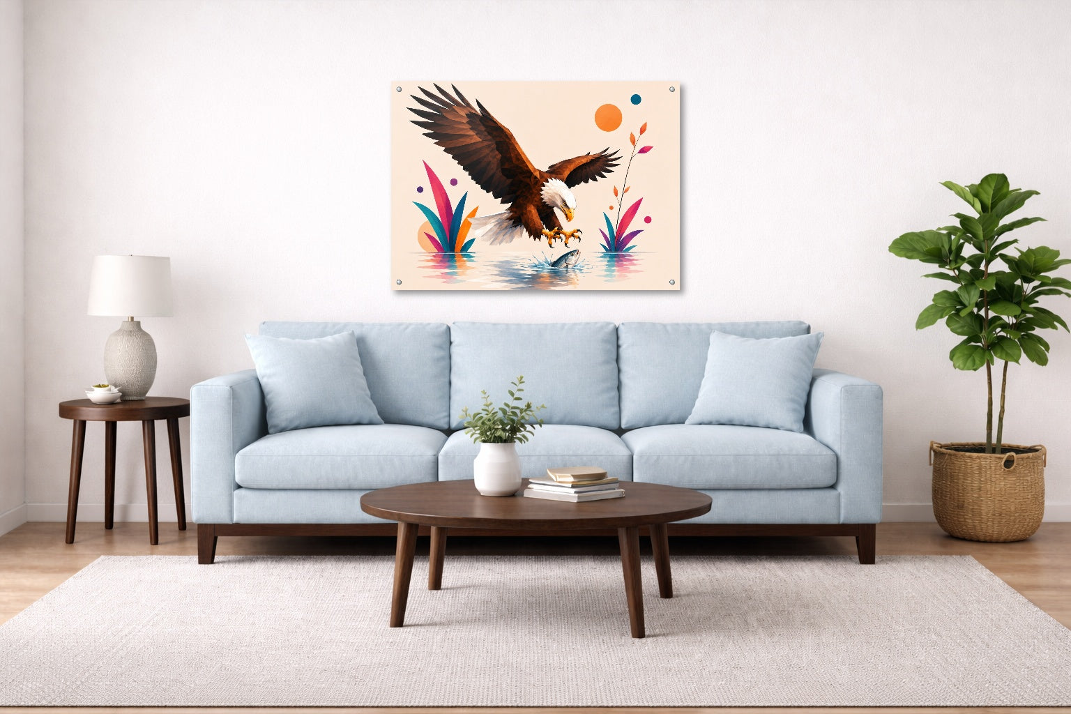 Geometric Painting of an Eagle Catching a Fish printed on aluminum metal with wall anchors. Hung on a living room wall.