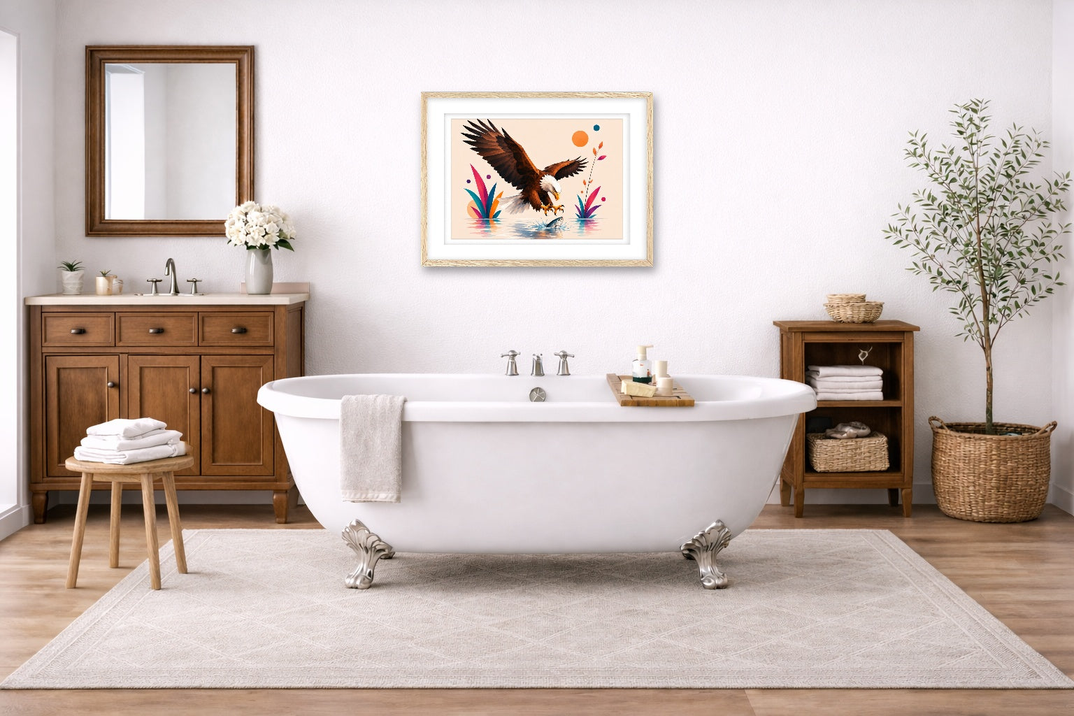 Geometric Painting of an Eagle Catching a Fish printed on fine art paper, framed on a oak frame and matted. Hung on a bathroom wall.