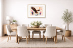 Geometric Painting of an Eagle Catching a Fish printed on fine art paper, framed on a oak frame and matted. Hung on a dining room wall.