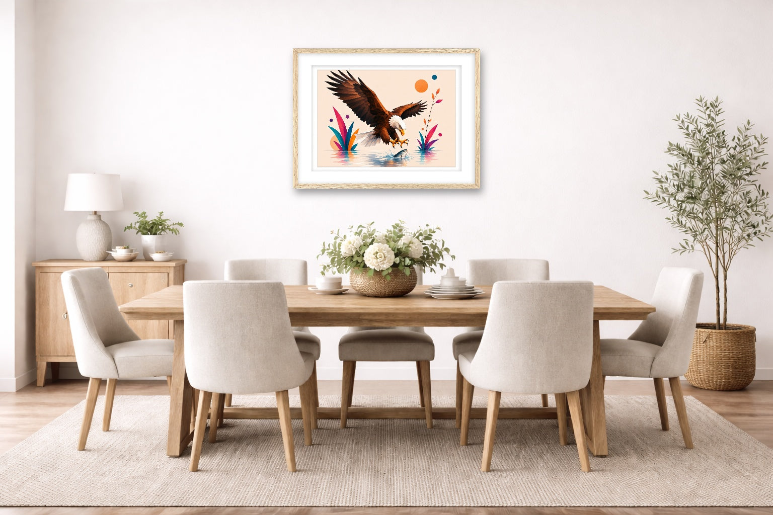 Geometric Painting of an Eagle Catching a Fish printed on fine art paper, framed on a oak frame and matted. Hung on a dining room wall.