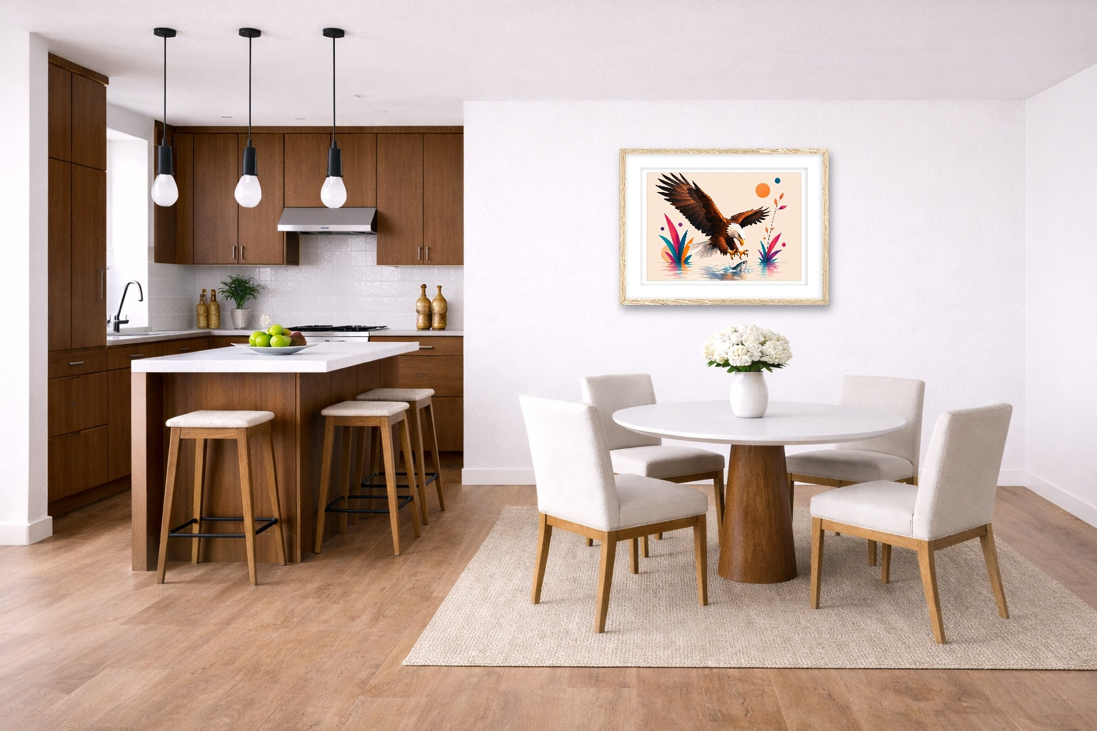 Geometric Painting of an Eagle Catching a Fish printed on fine art paper, framed on a oak frame and matted. Hung on a kitchen-dinette wall.