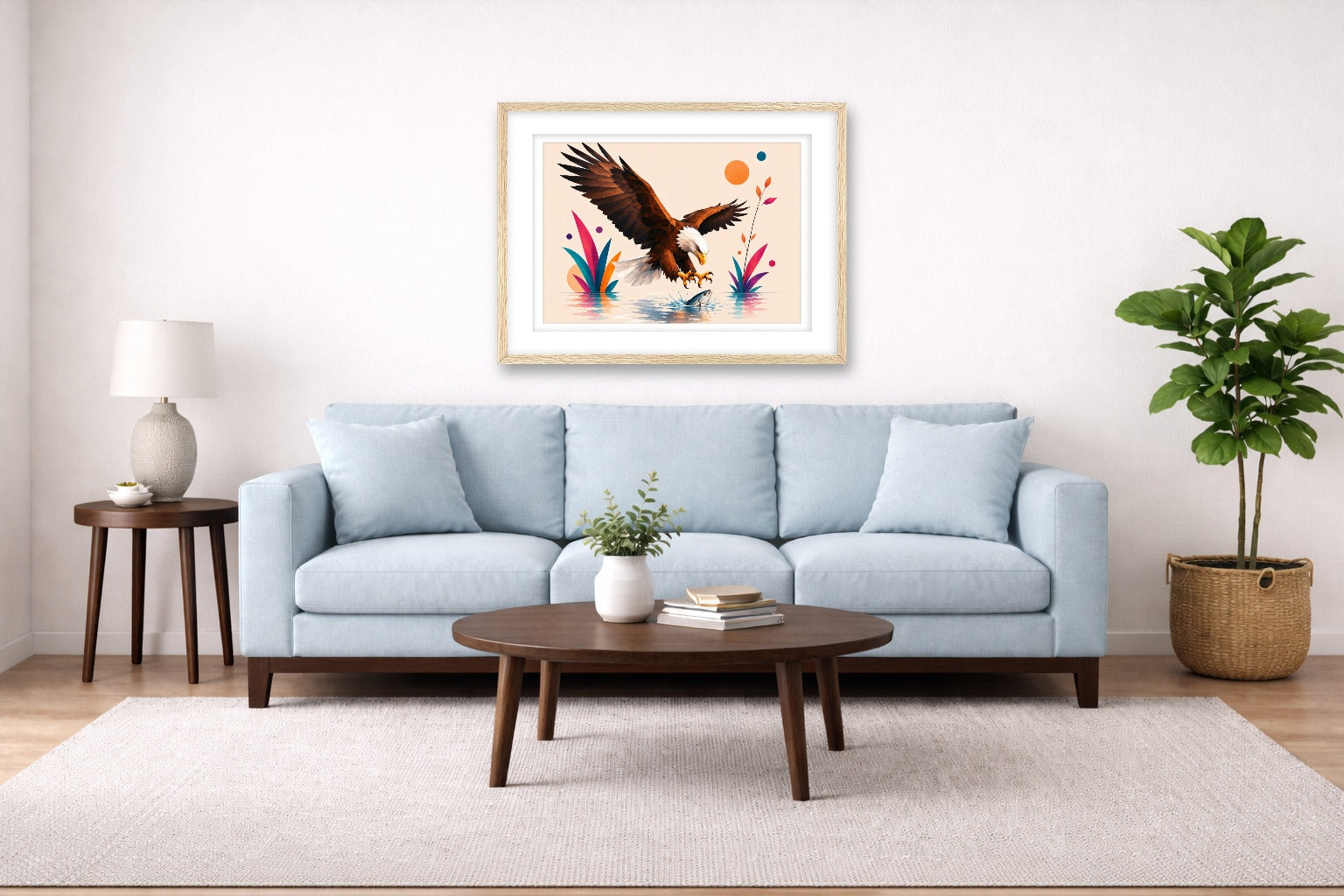 Geometric Painting of an Eagle Catching a Fish printed on fine art paper, framed on a oak frame and matted. Hung on a living room wall.