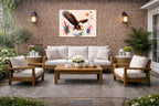 Geometric Painting of an Eagle Catching a Fish printed on water resistant canvas and mounted on a waterproof frame. Hung on a patio wall.