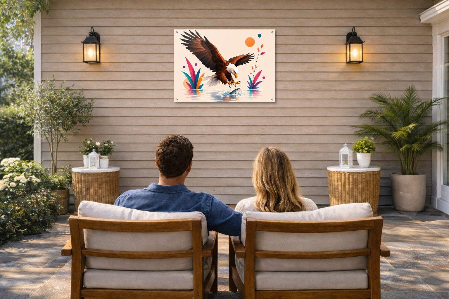 Geometric Painting of an Eagle Catching a Fish printed on water resistant canvas and mounted on a waterproof frame. Hung on a patio wall with couple.