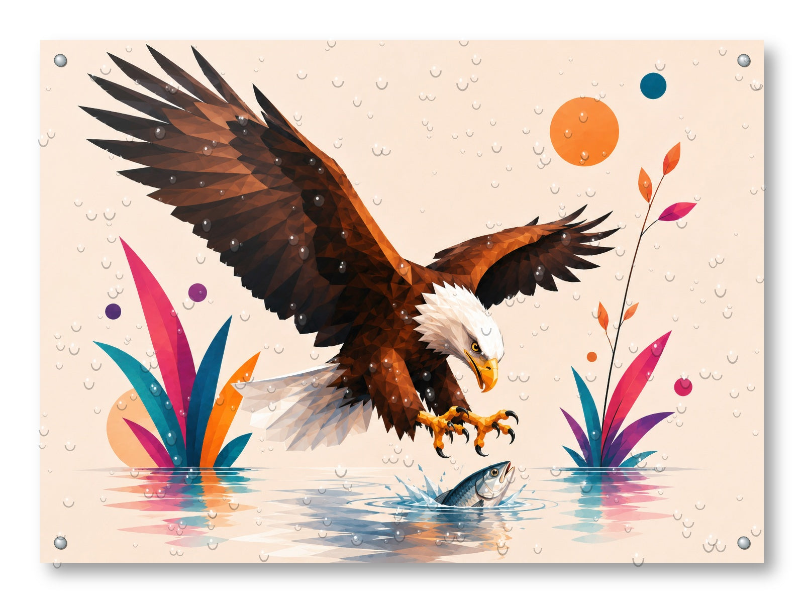 Geometric Painting of an Eagle Catching a Fish printed on water resistant canvas and mounted on a waterproof frame.
