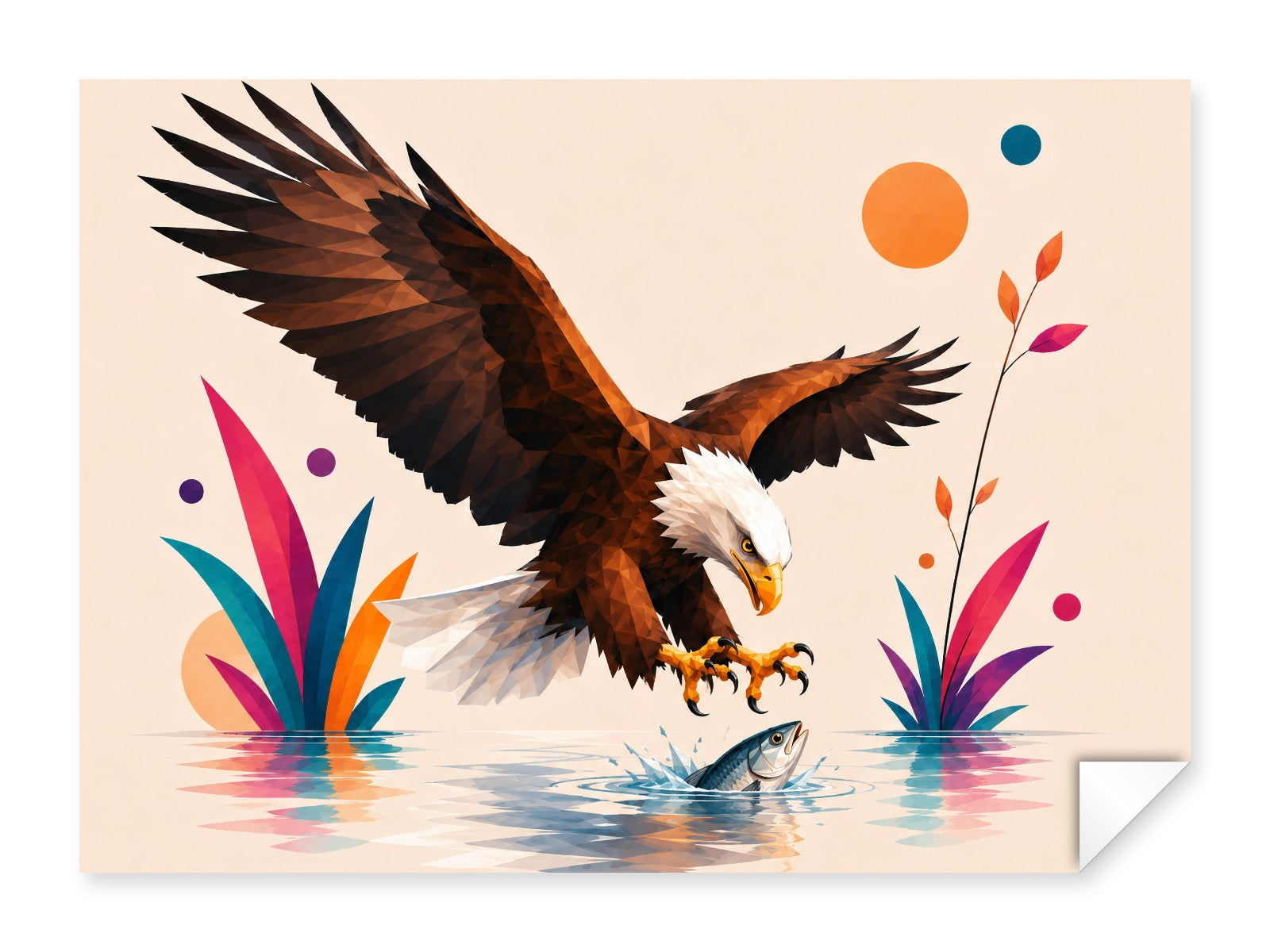 Geometric Painting of an Eagle Catching a Fish printed on fine art paper.