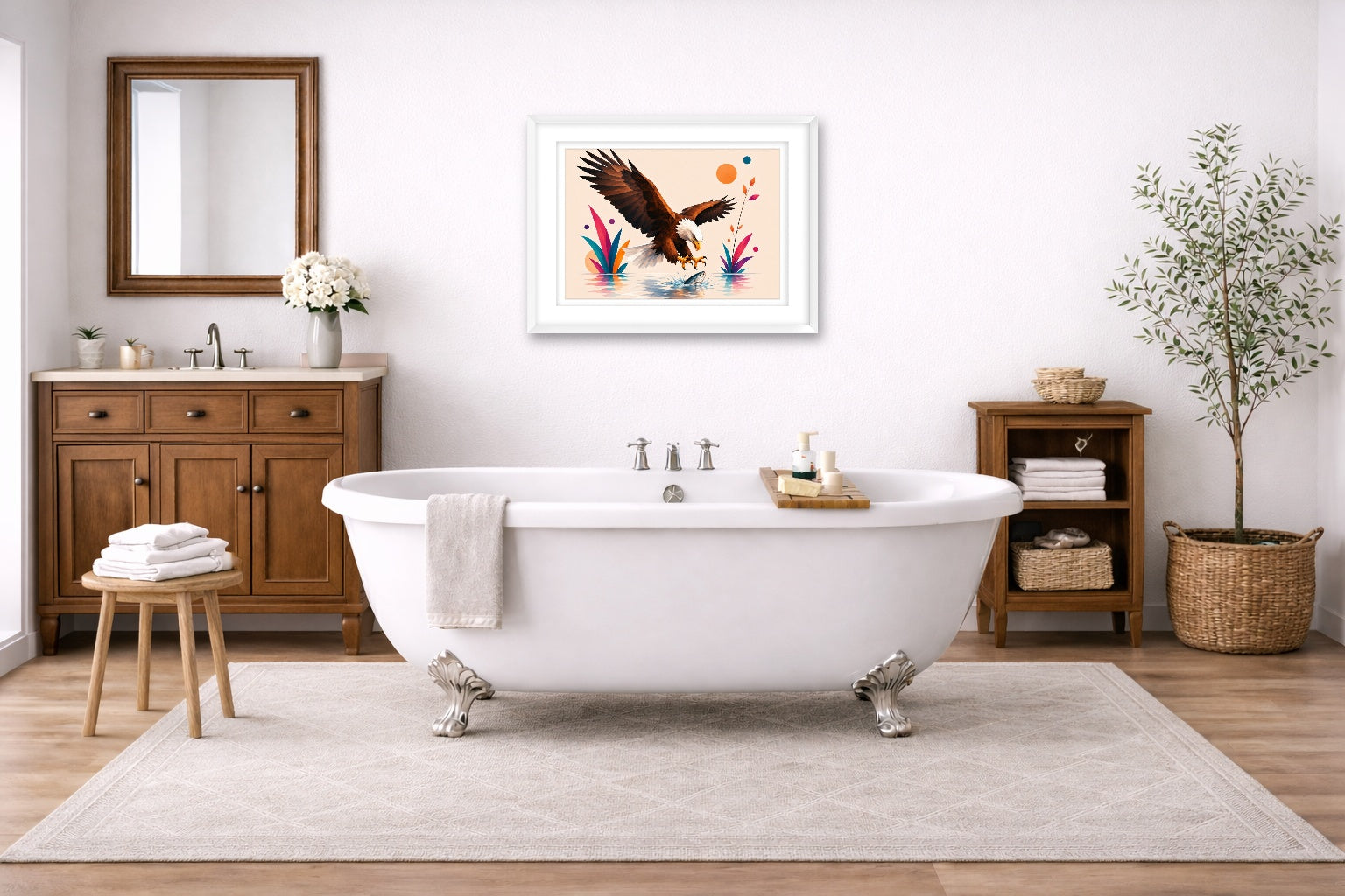 Geometric Painting of an Eagle Catching a Fish printed on fine art paper, framed on a white frame and matted. Hung on a bathroom wall