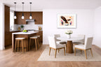 Geometric Painting of an Eagle Catching a Fish printed on fine art paper, framed on a white frame and matted. Hung on a kitchen-dinette wall.