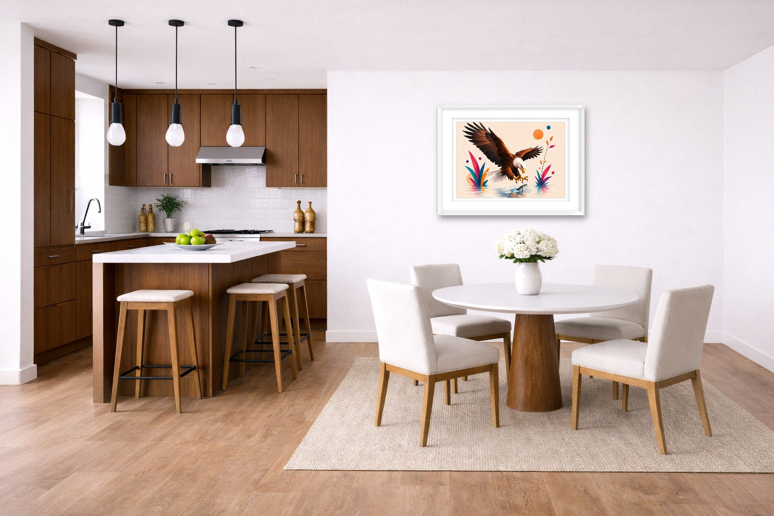 Geometric Painting of an Eagle Catching a Fish printed on fine art paper, framed on a white frame and matted. Hung on a kitchen-dinette wall.
