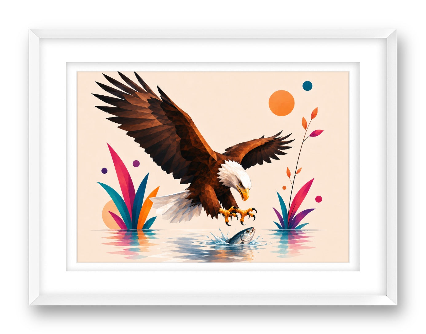 Geometric Painting of an Eagle Catching a Fish printed on fine art paper, framed on a white frame and matted.