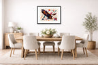 Eagle Painting with Geometric Background printed on fine art paper, framed on a black frame and matted and hung on a dining room wall.