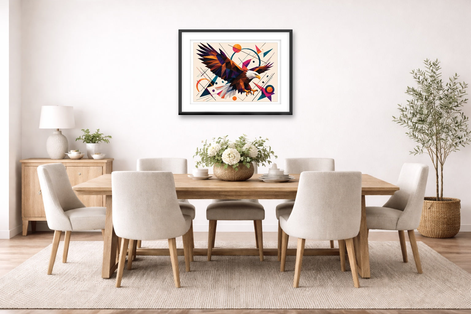 Eagle Painting with Geometric Background printed on fine art paper, framed on a black frame and matted and hung on a dining room wall.