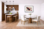 Eagle Painting with Geometric Background printed on fine art paper, framed on a black frame and matted and hung on a wall on a dinette wall.