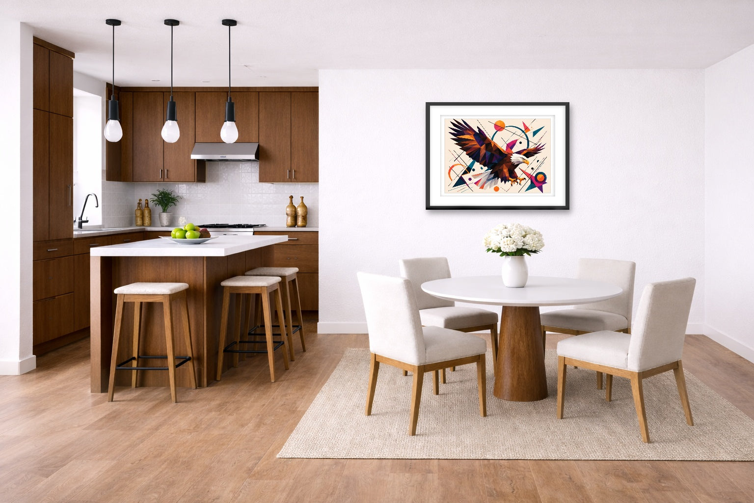 Eagle Painting with Geometric Background printed on fine art paper, framed on a black frame and matted and hung on a wall on a dinette wall.